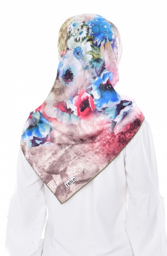 Çiçek Desenli Twill Eşarp 95185-01 Yağ Yeşili 01