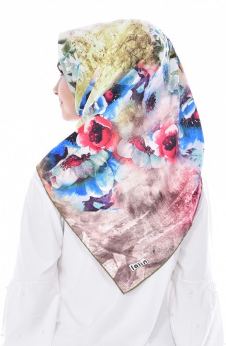 Çiçek Desenli Twill Eşarp 95185-01 Yağ Yeşili 01