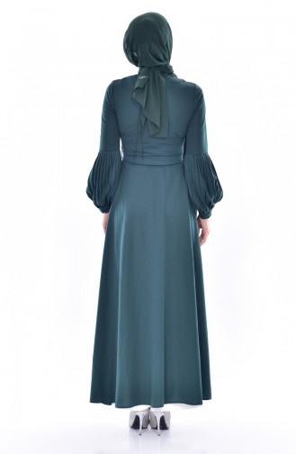Fermuarlı Kuşaklı Elbise 0559-03 Zümrüt Yeşili