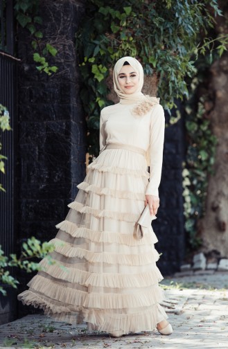 Beige Hijab Evening Dress 52507-03