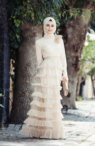 Beige Hijab Evening Dress 52507-03