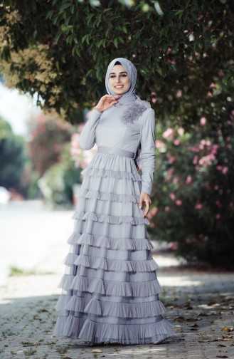 Gray Hijab Evening Dress 52507-02