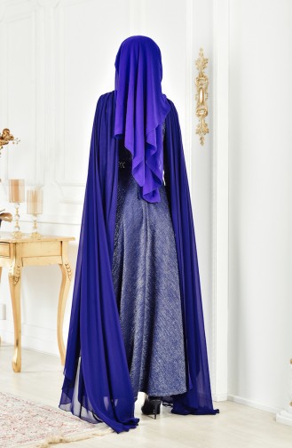 فستان سهرة بتفاصيل لامعة 6405-01 لون نيلي 6405-01