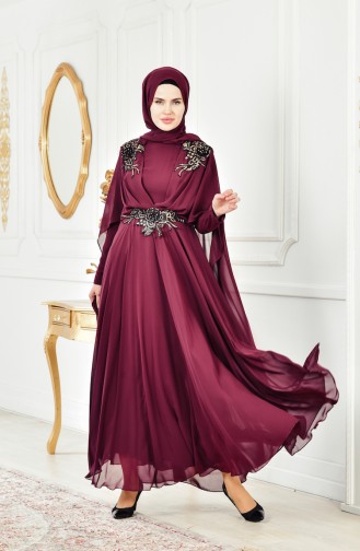 Plum Hijab Evening Dress 6411-06