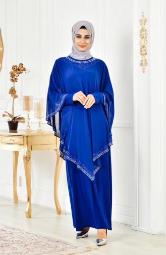 Robe de Soirée İmprimée de Pierre Grande Taille 3017-01 Bleu Roi 3017-01