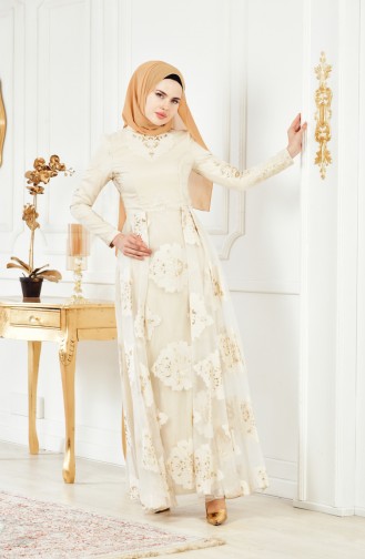 Beige Hijab Evening Dress 0336-03