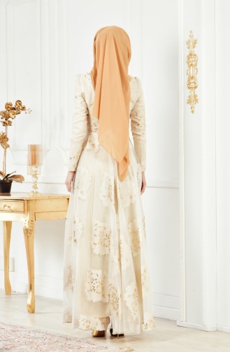 Beige Hijab Evening Dress 0336-03
