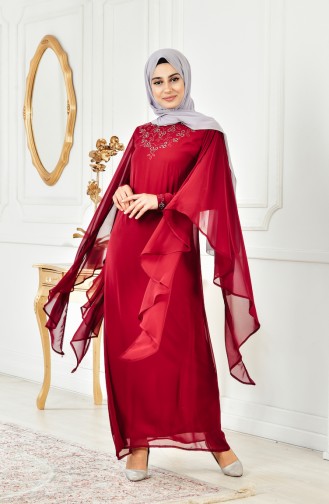 Claret Red Hijab Evening Dress 3011-04