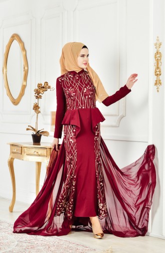 Payetli Abiye Elbise 6353-03 Bordo