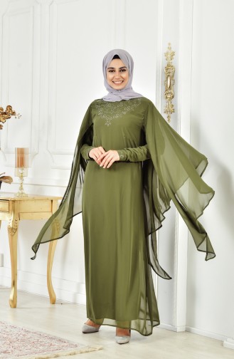 فستان سهرة مزين بالورد 3011-02 لون اخضر كاكي 3011-02