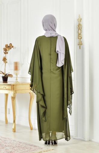 فستان سهرة مزين بالورد 3011-02 لون اخضر كاكي 3011-02