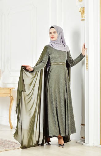 فستان سهرة بتفاصيل لامعة 6405-03 لون اخضر كاكي 6405-03