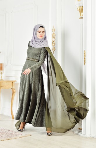 فستان سهرة بتفاصيل لامعة 6405-03 لون اخضر كاكي 6405-03