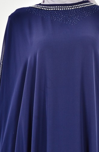 Robe de Soirée İmprimée de Pierre Grande Taille 3017-05 Bleu Marine 3017-05