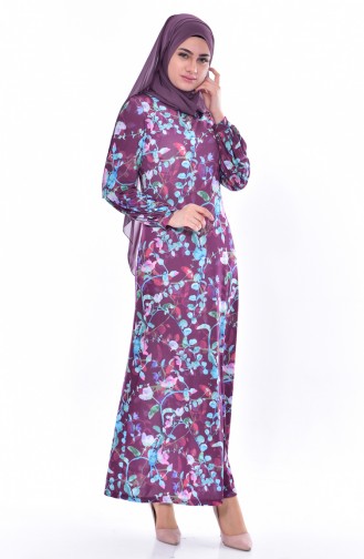 Flower Patterned Dress 9007-03 Plum 9007-03