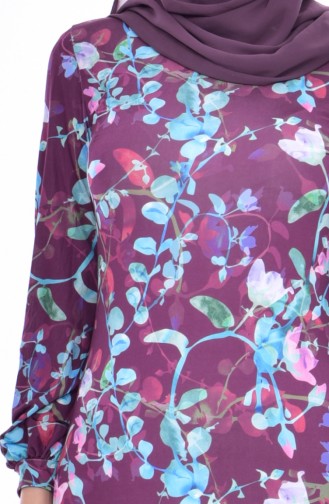 Flower Patterned Dress 9007-03 Plum 9007-03