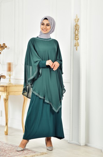 فستان سهرة بتصميم مُطبع باحجار لامعة بمقاسات كبيرة 3017-03 لون اخضر زُمردي 3017-03