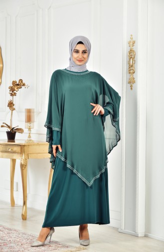 Robe de Soirée İmprimée de Pierre Grande Taille 3017-03 Vert emeraude 3017-03