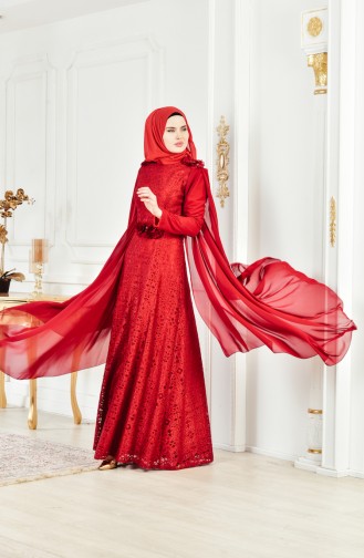 Claret Red Hijab Evening Dress 8113-07