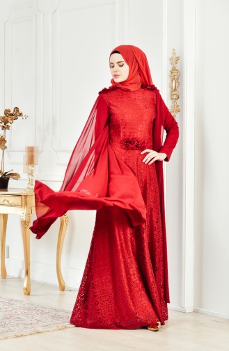 Claret Red Hijab Evening Dress 8113-07