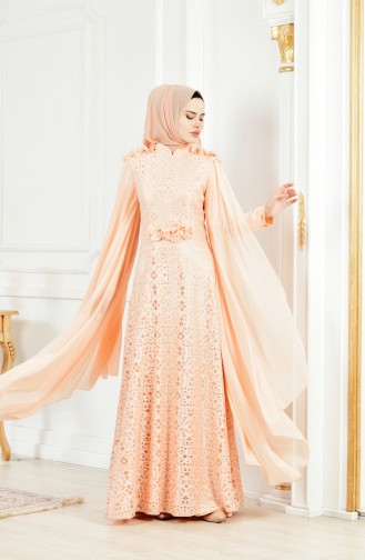 فستان سهرة بتصميم دانتيل 8113-01 لون مشمشي 8113-01