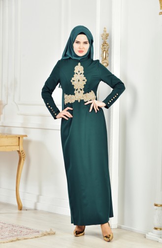 فستان سهرة بتصميم مُطبع باحجار لامعة 4012-05 لون اخضر زُمردي 4012-05