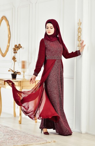 Simli Abiye Elbise 3257-01 Bordo