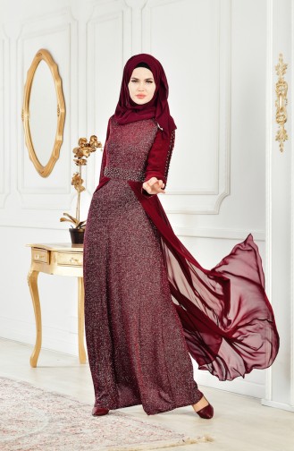 Simli Abiye Elbise 3257-01 Bordo