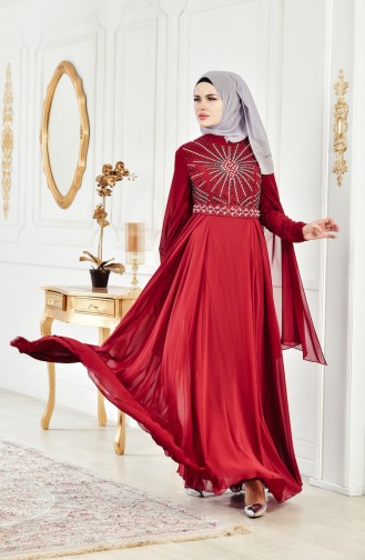 Robe de Soirée Perles Imprimée de Pierre 8086-01 Bordeaux 8086-01