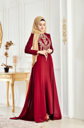 Claret Red Hijab Evening Dress 6110-04