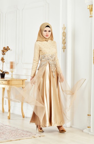 Robe de Soirée Perlées a Dentelle 3115-03 Gold 3115-03