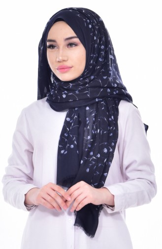 Flower Patterned Cotton Shawl 90430-02 Navy 02