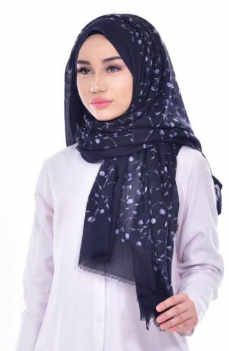 Flower Patterned Cotton Shawl 90430-02 Navy 02
