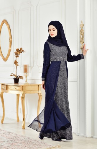 Robe de Soirée a Paillettes 3257-03 Bleu Marine 3257-03