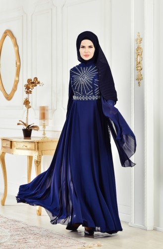 Robe de Soirée Perles Imprimée de Pierre 8086-02 Bleu Marine 8086-02