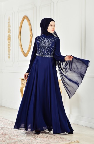 Robe de Soirée Perles Imprimée de Pierre 8086-02 Bleu Marine 8086-02