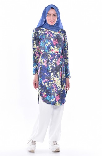 Floral Patterned Tunic TU00056A-9714 Navy Blue 00056A-9714