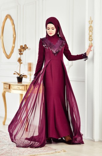 Plum Hijab Evening Dress 6104-03