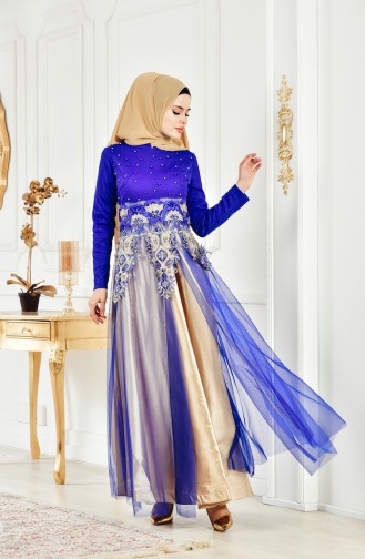 Robe de Soirée Perlées a Dentelle 3115-01 Bleu Roi 3115-01