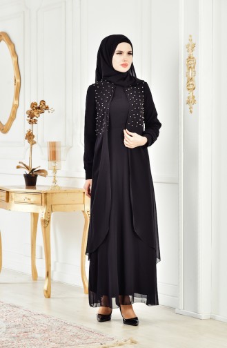 İncili Abiye Elbise 1070-03 Siyah