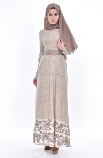 Robe a Motifs et Ceinture 3259-02 Beige 3259-02