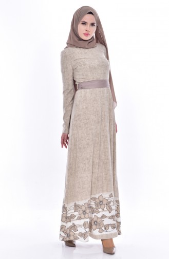 Robe a Motifs et Ceinture 3259-02 Beige 3259-02