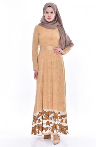 Desenli Kuşaklı Elbise 3259-05 Camel