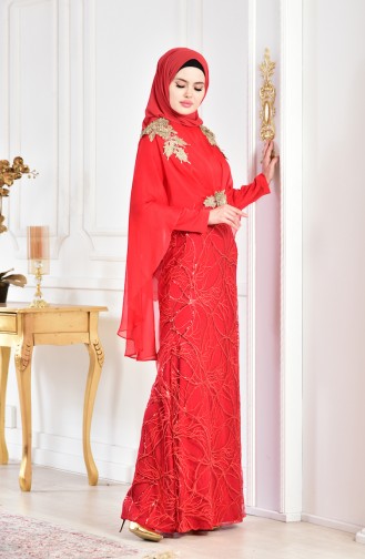 Payetli Abiye Elbise 8222-08 Kırmızı