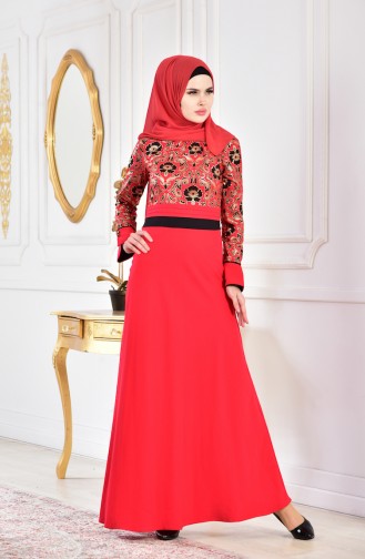 فستان مُطبع بتفاصيل لامعة 2249-01 لون أحمر 2249-01