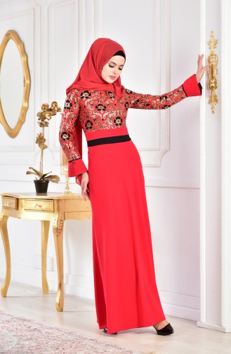 فستان مُطبع بتفاصيل لامعة 2249-01 لون أحمر 2249-01