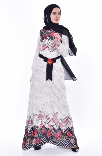 فستان مُطبع بتصميم حزام خصر 2677-01 لون كريمي 2677-01