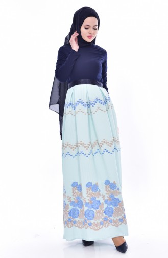 Garnished Belted Dress 3340-06 Navy Mint Green 3340-06