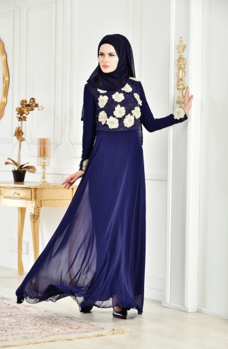 Robe de Soirée Fleur Appliquée 83032-01 Bleu Marine 83032-01