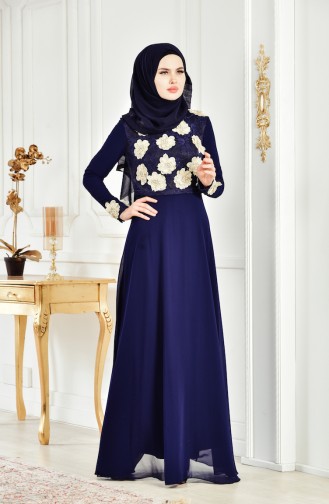 Robe de Soirée Fleur Appliquée 83032-01 Bleu Marine 83032-01